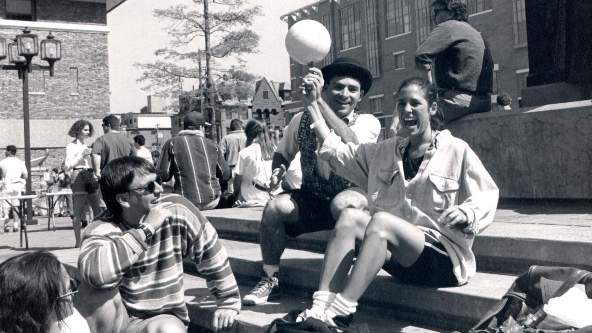 Students hang out at the base of Poe during the block party in the 1990s. 