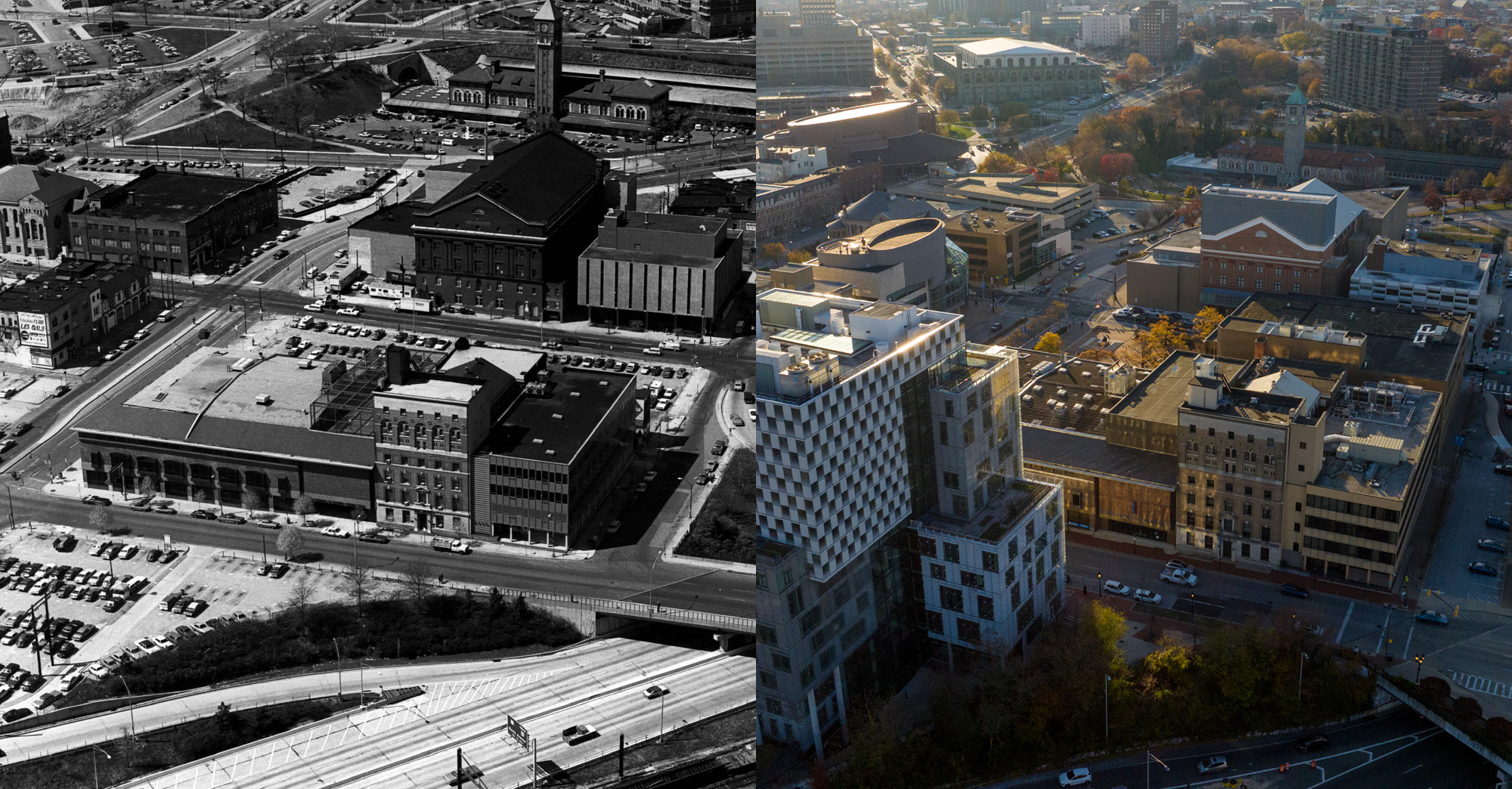 A photo depicts two aerial views of the UBalt campus, one older in black and white and one modern day in color.