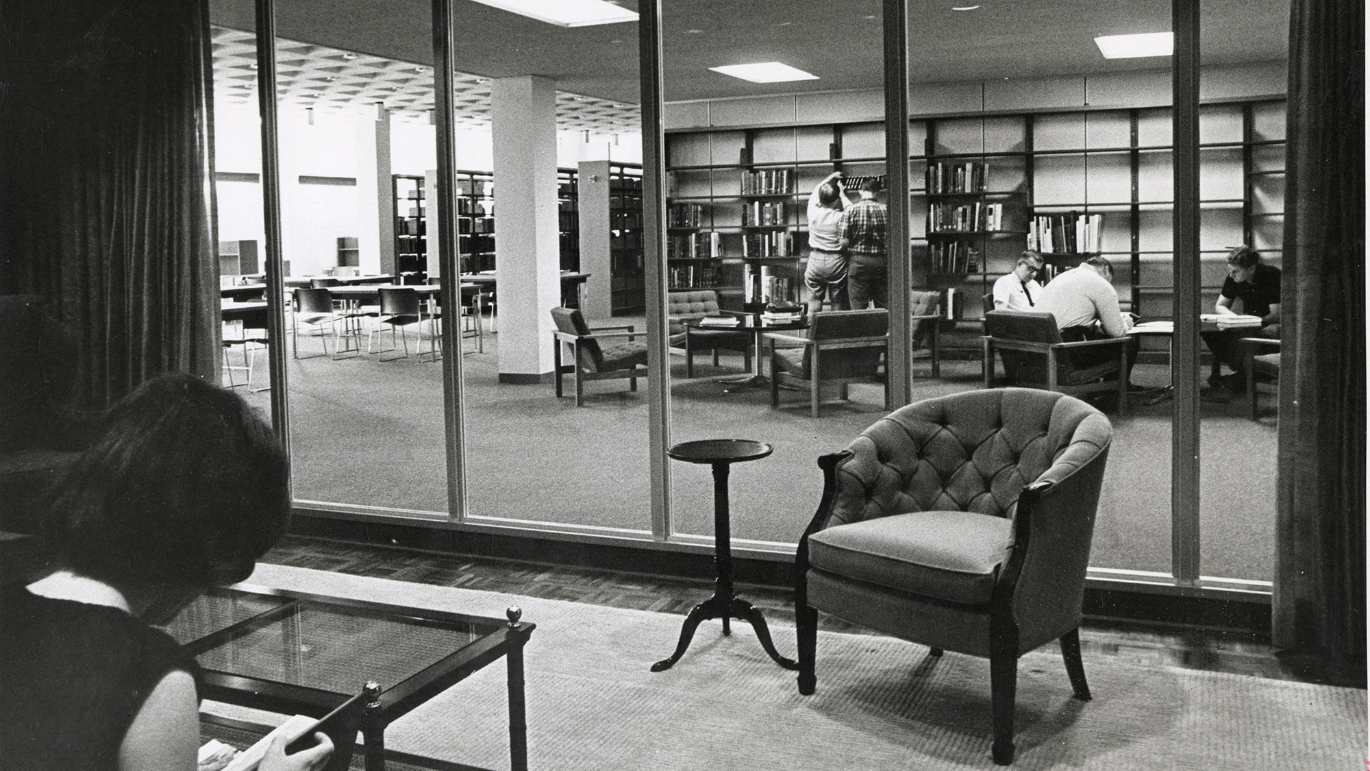 A view through window at the library.