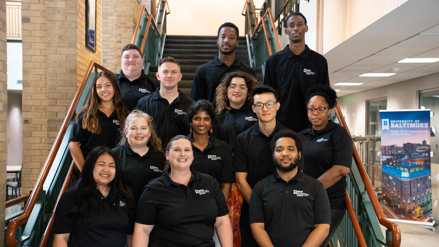 Today's student government association poses on a stairwell.